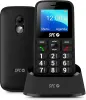A black SPC Fortune 2 4G senior mobile phone is shown in a product shot, with the phone in its charging dock and a second phone shown from the back. Anteprima dell’immagine prodotto