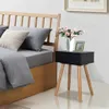 A bedroom scene with a bed and a nightstand. Produktbild-Vorschau