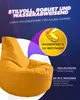 A yellow beanbag chair with text overlays highlighting its features. Produktbild-Vorschau