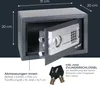 A safe with its door open, showing the interior and the electronic keypad, with dimensions and keys indicated. Produktbild-Vorschau