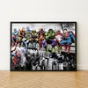 A collage of comic book superheroes sitting on a building ledge overlooking a city. Produktbild-Vorschau