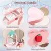 A collage of four close-up images showcasing different features of a pink children's vanity set, including storage, rounded corners, a strawberry-shaped mirror, and an apple-shaped handle. Podgląd zdjęcia produktu
