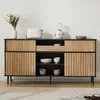 A modern sideboard with sliding doors and a drawer, displaying kitchenware and appliances. Produktbild-Vorschau