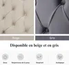 A split image showing two color options for a tufted upholstered bed, with text describing the available colors and features. Podgląd zdjęcia produktu