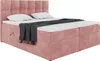 A pink upholstered box spring bed with a headboard, mattress, and topper, shown against a white background. Produktbild-Vorschau