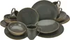 A collection of dark gray ceramic dinnerware with gold trim, including plates, bowls, and mugs, arranged on a white background. Produktbild-Vorschau