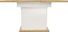 A modern dining table with a white base and a wooden top, presented from a front-facing angle against a white background. Produktbild-Vorschau