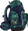 A side view of a blue and green patterned backpack. Voir les images du produit