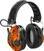 A pair of orange and black digital camouflage patterned earmuffs. Voir les images du produit