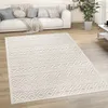 A rug with a geometric pattern is placed on a wooden floor in front of a white sofa. Voir les images du produit