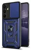 A blue armor case for a smartphone is shown diagonally against a white background, with a portion of the smartphone screen visible. Produktbild-Vorschau