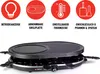 A marketing image showing a raclette grill with feature icons and text above it. Produktbild-Vorschau
