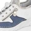 Close-up view of a white and blue Rieker women's sneaker, focusing on the side details like the zipper and lacing. Náhled obrázku produktu