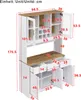 A diagram of a white and wood-grain sideboard with dimensions labeled. Produktbild-Vorschau