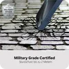 A phone case is shown falling onto a stone surface, with a cracked effect to illustrate its durability. A certification badge is also visible. Produktbild-Vorschau