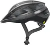 A black bicycle helmet with a visor and straps, shown against a white background. Anteprima dell’immagine prodotto
