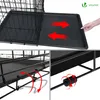 Collage of images showing details of a dog crate, including its sliding tray, locking mechanism, and a hand interacting with the tray. Produktbild-Vorschau