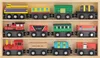 A wooden shelf displaying a collection of toy train cars. Produktbild-Vorschau