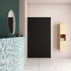 A modern bathroom with a tiled wall, a black panel, and a wooden cabinet. Produktbild-Vorschau