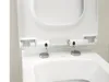 Close-up view of the hinges and mounting points of a white toilet seat attached to a white toilet bowl. Produktbild-Vorschau