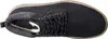 A top-down view of a black boot with white and gray laces and a gray knit cuff. Produktbild-Vorschau