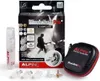 A product shot of Alpine MusicSafe Pro earplugs and accessories, including the packaging, a cleaning spray, and the earplugs themselves. Produktbild-Vorschau