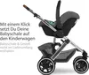 A stroller with a car seat attached, with German text describing its functionality. Produktbild-Vorschau