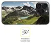 A phone case with a mountain landscape image and a camera module, with a graphic indicating clarity. Produktbild-Vorschau