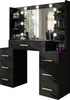A black vanity table with a mirror and LED lights, featuring drawers and shelves, set against a white background. Náhled obrázku produktu