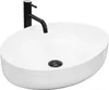 A white ceramic basin with a black faucet. Produktbild-Vorschau