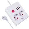 A white power strip with two outlets and three USB ports, shown with its European plug. Voir les images du produit