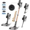 A collage of images showcasing a cordless vacuum cleaner and its accessories, along with marketing text. Produktbild-Vorschau