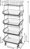 A black metal rolling storage cart with five tiers is shown against a white background. Dimensions are indicated with measurement lines and text. Voir les images du produit