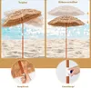 A collage showing a straw beach umbrella on a sandy beach with the ocean in the background, and close-ups of its features. Náhled obrázku produktu