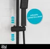 Close-up of a black matte shower set mounted on a tiled wall, with graphic overlays indicating adjustability. Produktbild-Vorschau