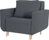 A studio shot of a gray armchair with wooden legs.