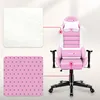 A pink and white gaming chair is shown with close-up material samples on the left. Produktbild-Vorschau