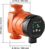 A close-up, angled view of an orange and black circulation pump with dimensions indicated by dashed lines and text. Podgląd zdjęcia produktu