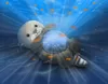 A plush otter toy is depicted underwater, surrounded by small orange fish and illuminated by light rays emanating from its belly. Produktbild-Vorschau