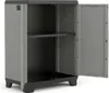 An open gray and black storage cabinet with one shelf. Voir les images du produit