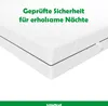 A close-up view of a white mattress with a grey trim, against a white background. Text is overlaid on the top portion of the image. Produktbild-Vorschau