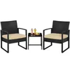 A black rattan-effect outdoor furniture set with beige cushions, consisting of two chairs and a small table with drinks and fruit. Podgląd zdjęcia produktu