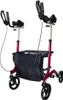 A red rollator walker with armrests and a black bag is shown against a white background.