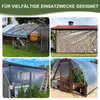 A collage of four images showing different uses of a transparent protective cover, likely a tarp or sheeting, for outdoor structures like greenhouses, wood shelters, and patios. Produktbild-Vorschau