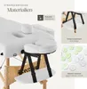 A close-up view of a white massage table, highlighting its materials and features with overlaid text and smaller inset images. Náhled obrázku produktu