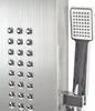 A close-up view of a modern shower panel with multiple water jets and a handheld showerhead. Podgląd zdjęcia produktu