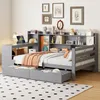 A child's bedroom with a grey daybed, desk, and bookshelf unit. Produktbild-Vorschau