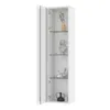 A tall, narrow white cabinet with a glass door open, revealing three shelves with decorative items. Voir les images du produit