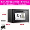 A black safe with a digital keypad and keyhole, with dimensions indicated by text overlays. Produktbild-Vorschau