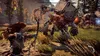 A woman is aiming a bow and arrow at a large robotic creature in a forest setting. Produktbild-Vorschau